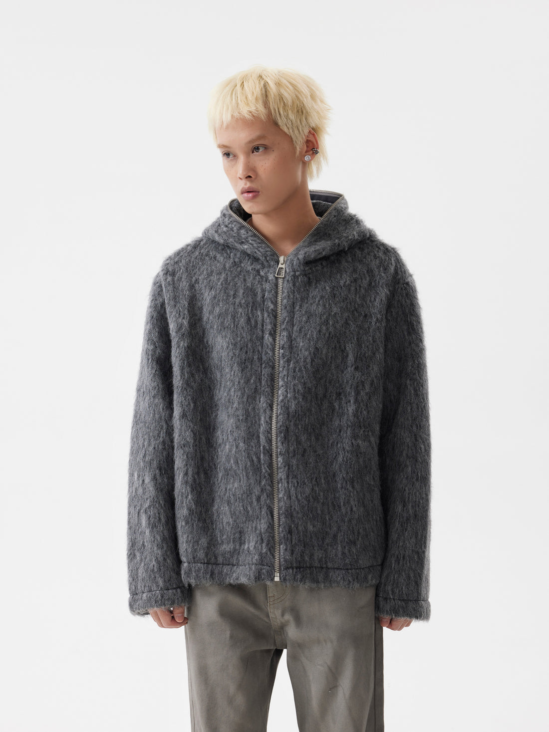 BTSG lazy Mohair full zip hooded cardigan sweater jacket