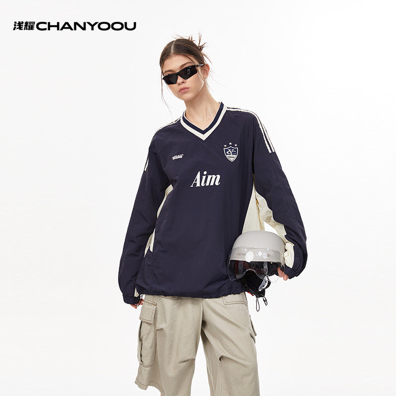 CY American retro sports contrasting quick-drying long-sleeved loose lazy style jersey Sweatshirt