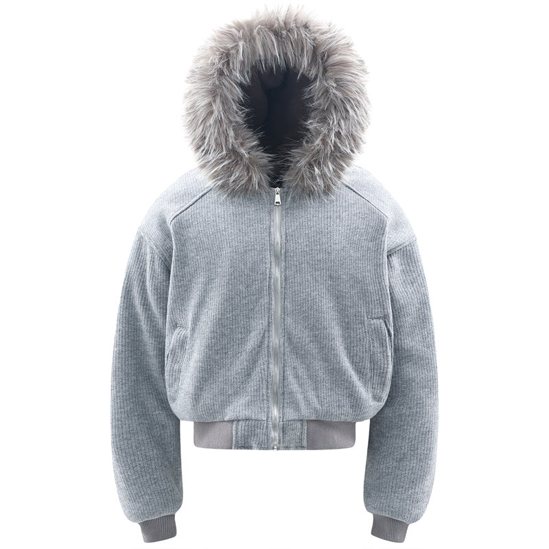 BTSG Corduroy Detachable Hat Fur Collar Seat Mountain Carved Cotton Jacket