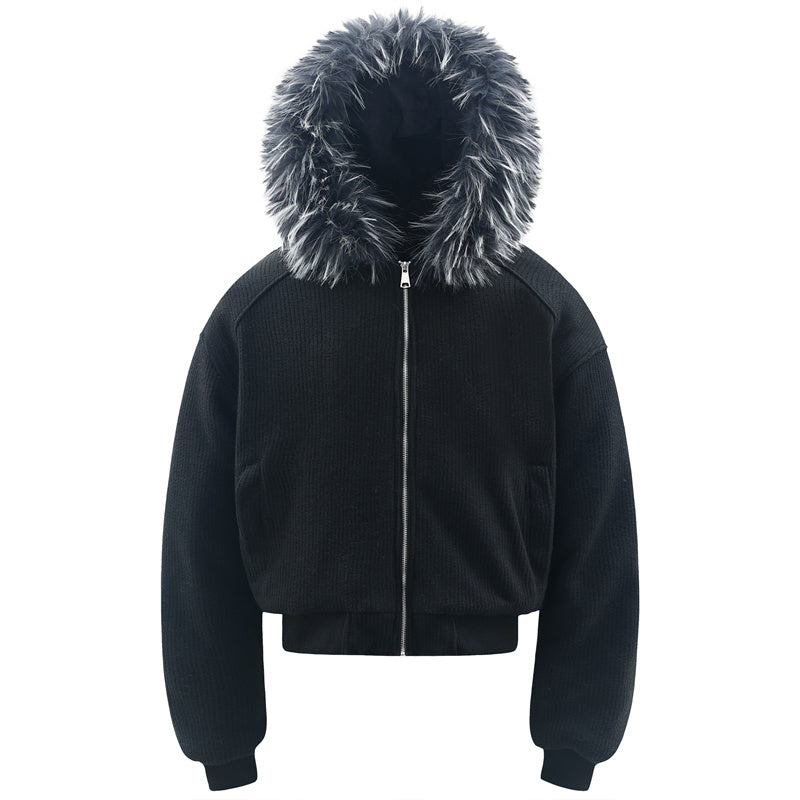 BTSG Corduroy Detachable Hat Fur Collar Seat Mountain Carved Cotton Jacket