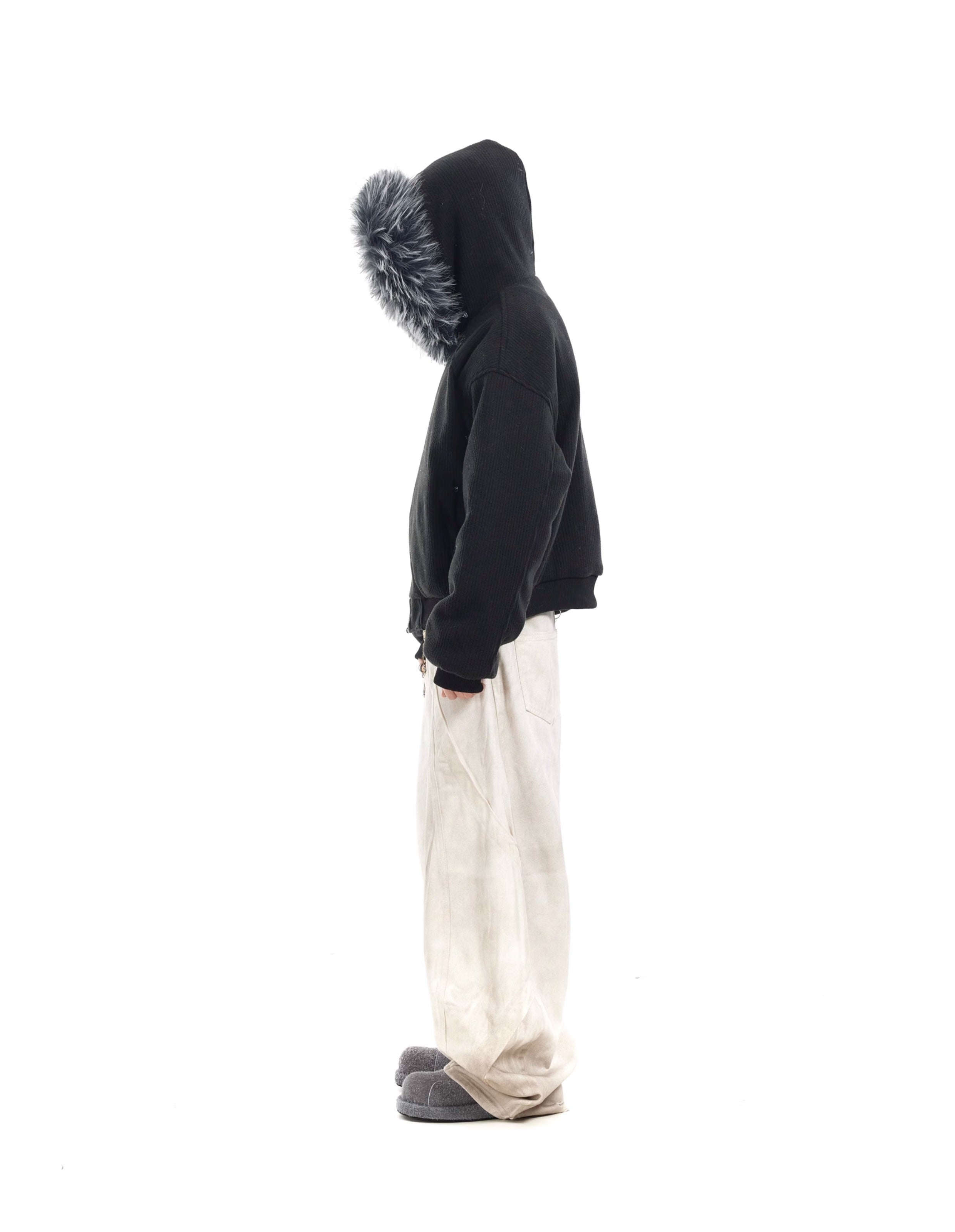 BTSG Corduroy Detachable Hat Fur Collar Seat Mountain Carved Cotton Jacket