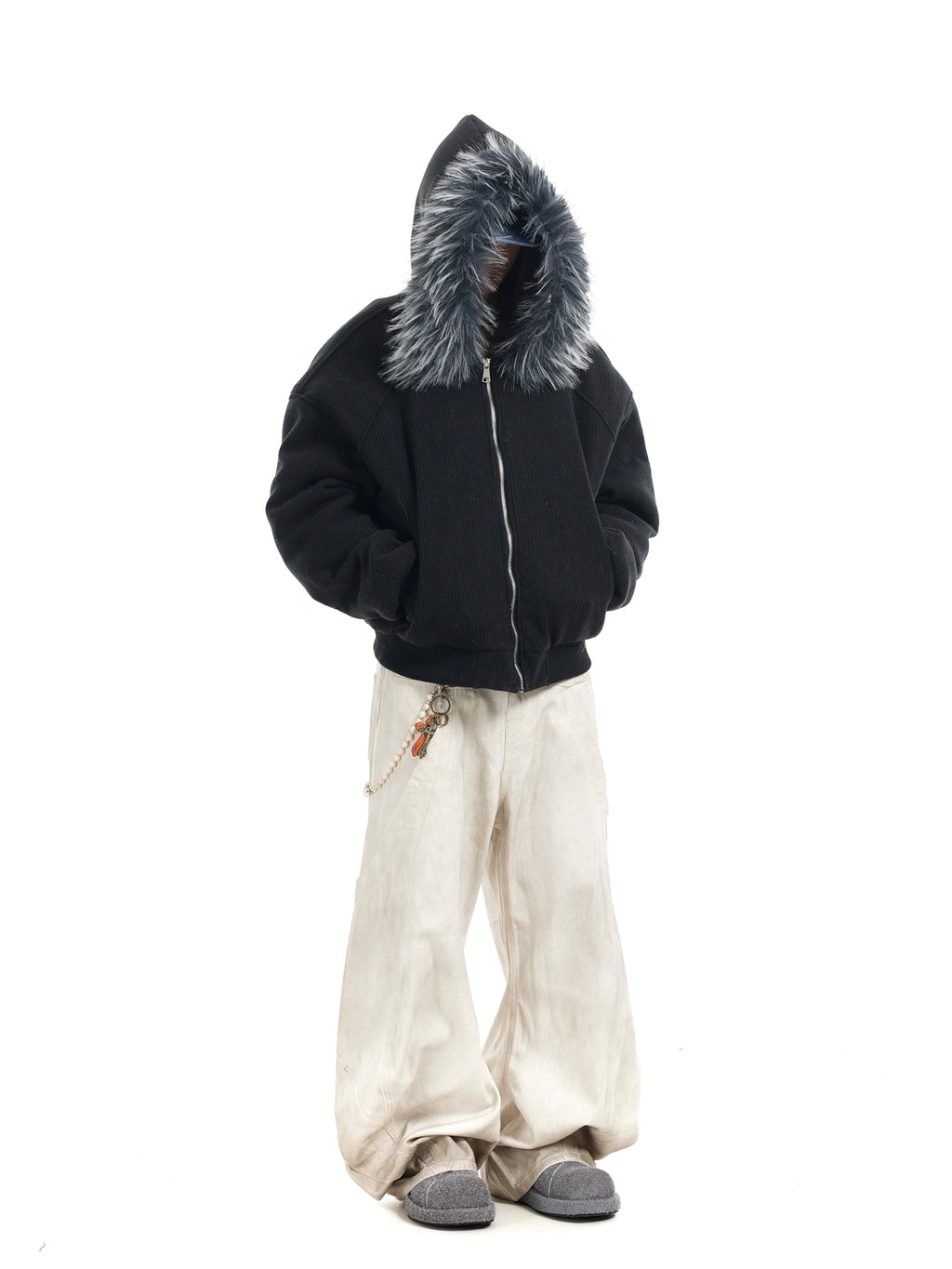 BTSG Corduroy Detachable Hat Fur Collar Seat Mountain Carved Cotton Jacket