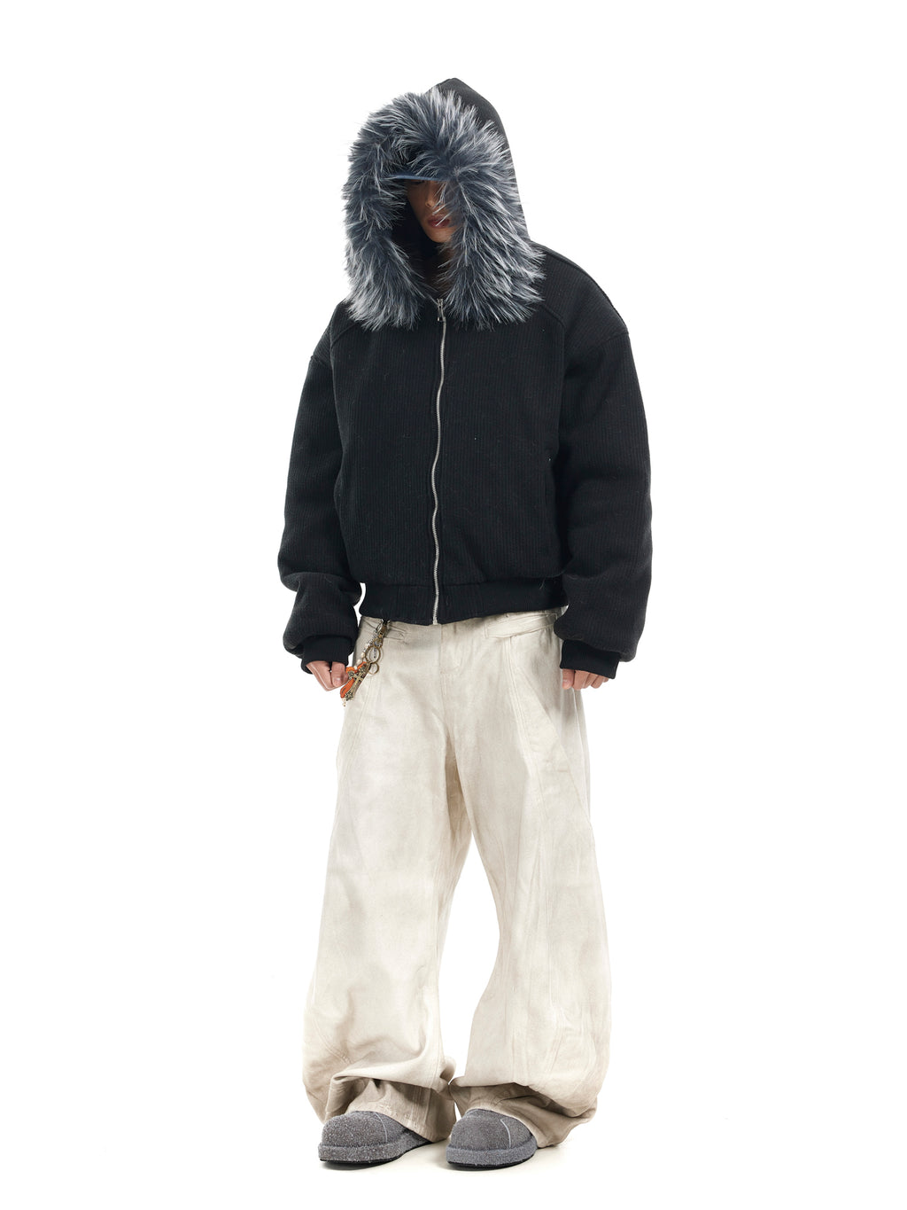 BTSG Corduroy Detachable Hat Fur Collar Seat Mountain Carved Cotton Jacket