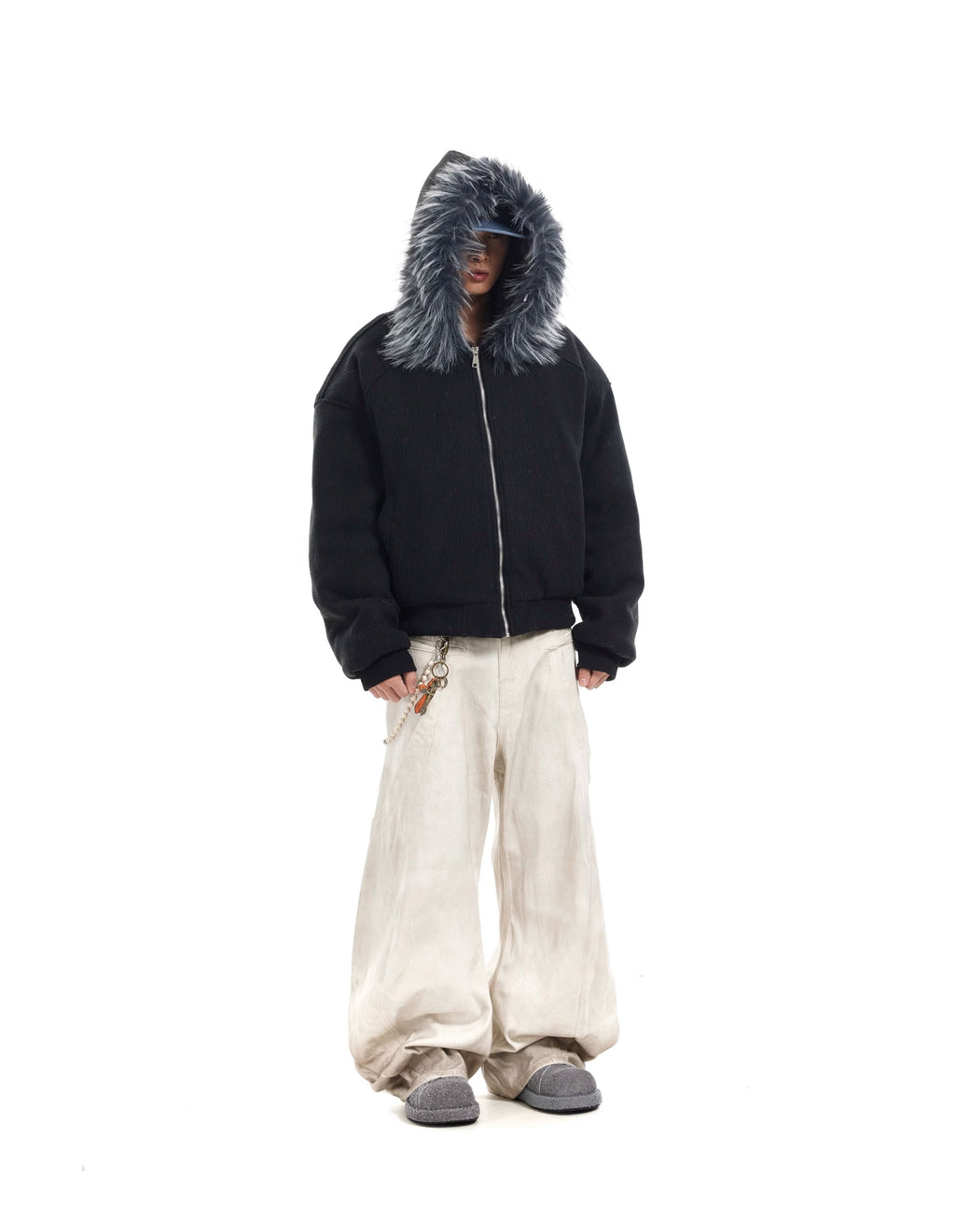 BTSG Corduroy Detachable Hat Fur Collar Seat Mountain Carved Cotton Jacket