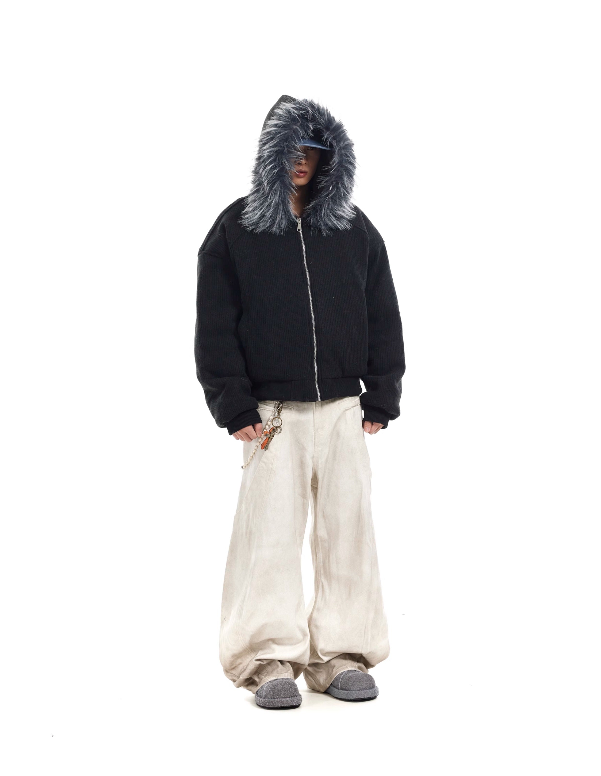 BTSG Corduroy Detachable Hat Fur Collar Seat Mountain Carved Cotton Jacket