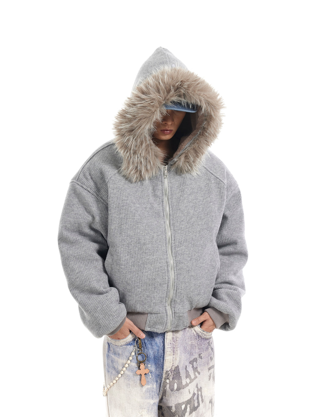 BTSG Corduroy Detachable Hat Fur Collar Seat Mountain Carved Cotton Jacket