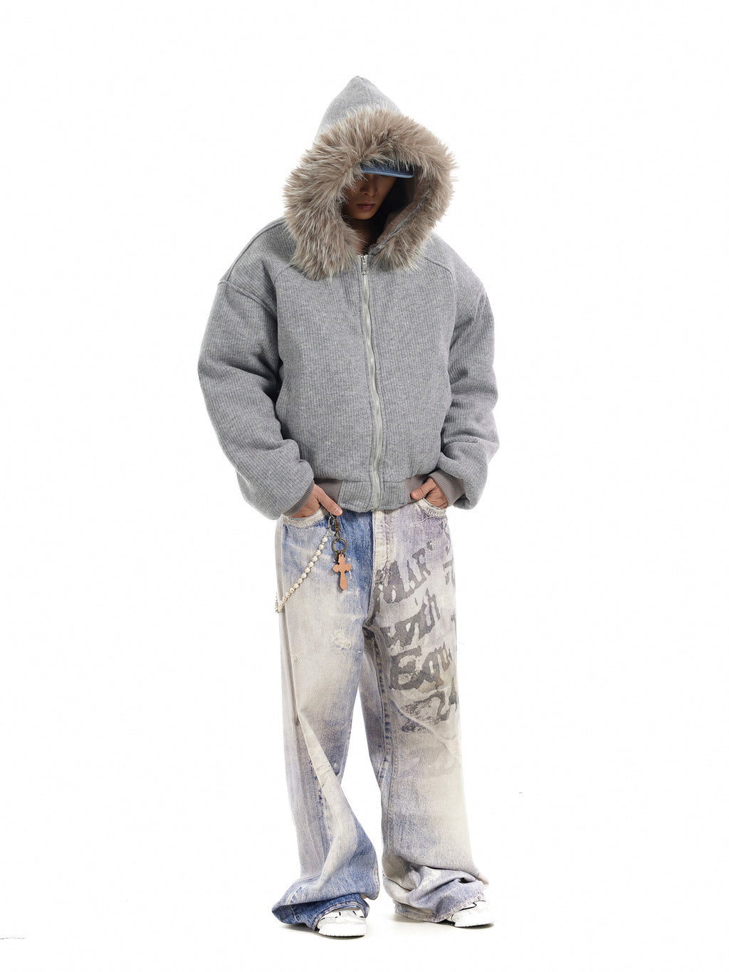 BTSG Corduroy Detachable Hat Fur Collar Seat Mountain Carved Cotton Jacket