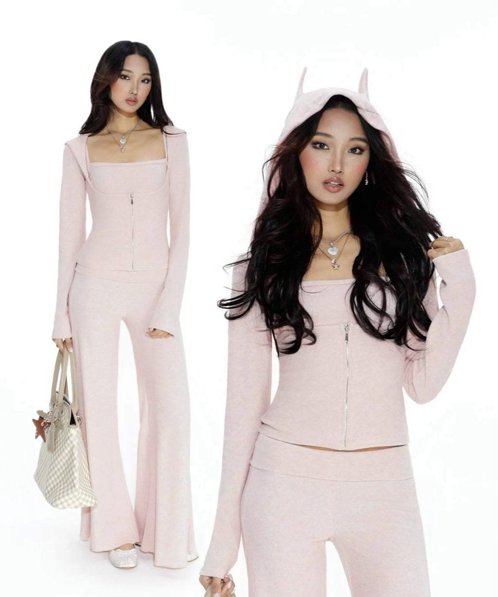 Audwyn Suspender Elastic Hip-wrapped Micro-pull Pants Towel Fleece Sweater Three-piece Set