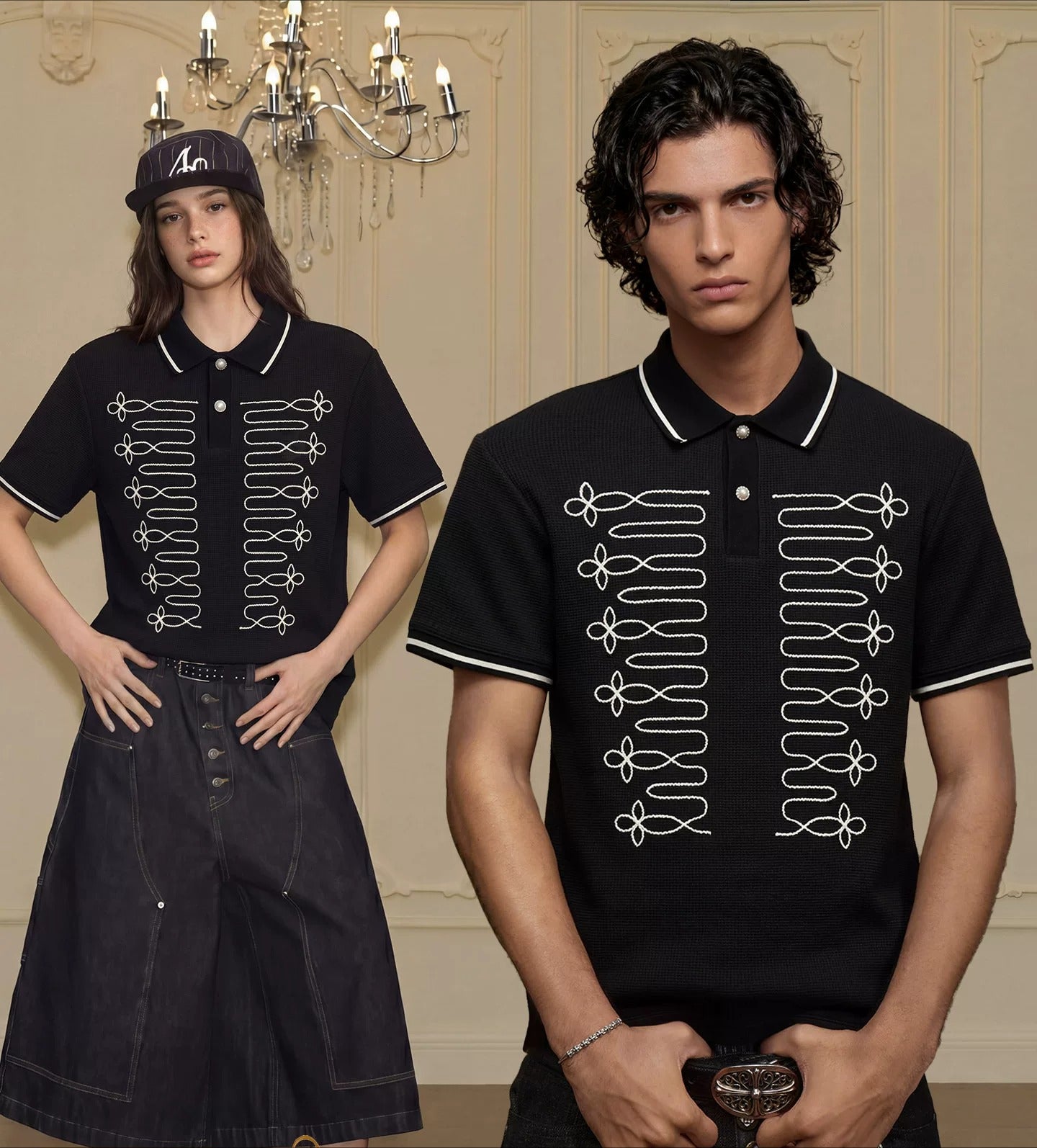 YADcrew Rope Embroidery Loose Lapel Tee