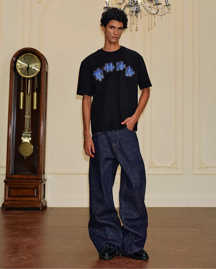 YADcrew 14oz Deep Blue Starry Glitter Wide-Leg Jeans