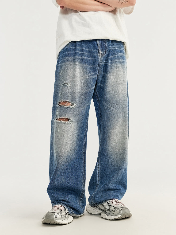 MATCHA STORY Ripped Wide-Leg Jeans