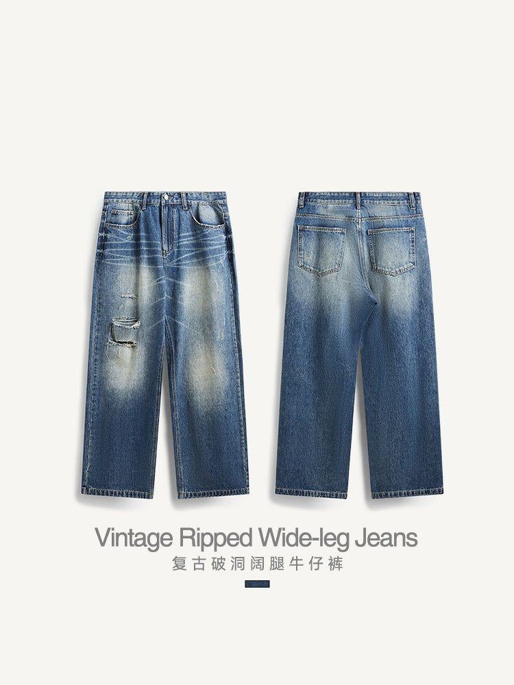 MATCHA STORY Ripped Wide-Leg Jeans