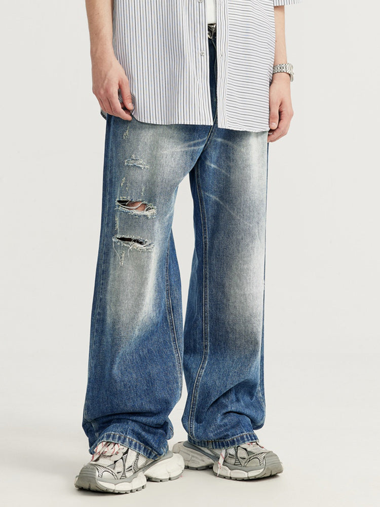 MATCHA STORY Ripped Wide-Leg Jeans