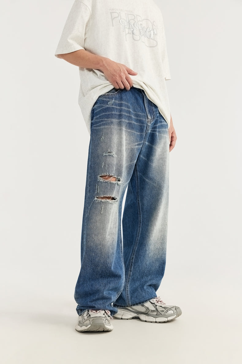 MATCHA STORY Ripped Wide-Leg Jeans