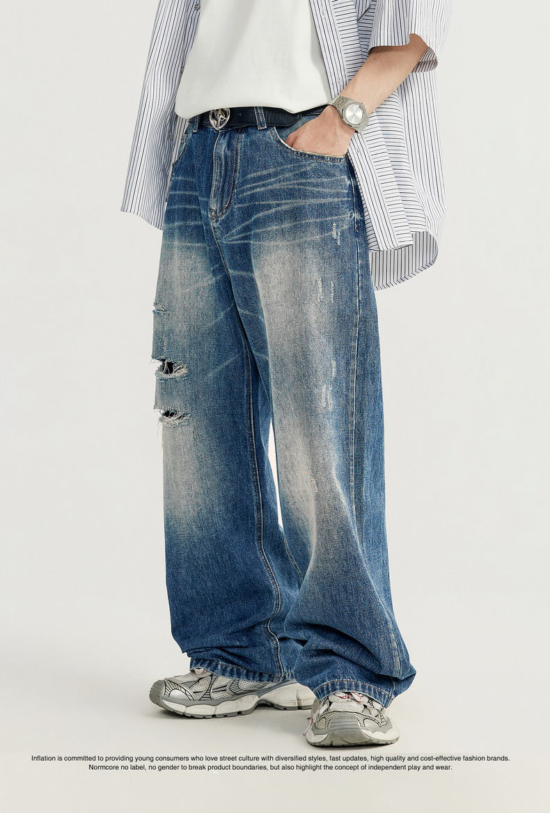 MATCHA STORY Ripped Wide-Leg Jeans