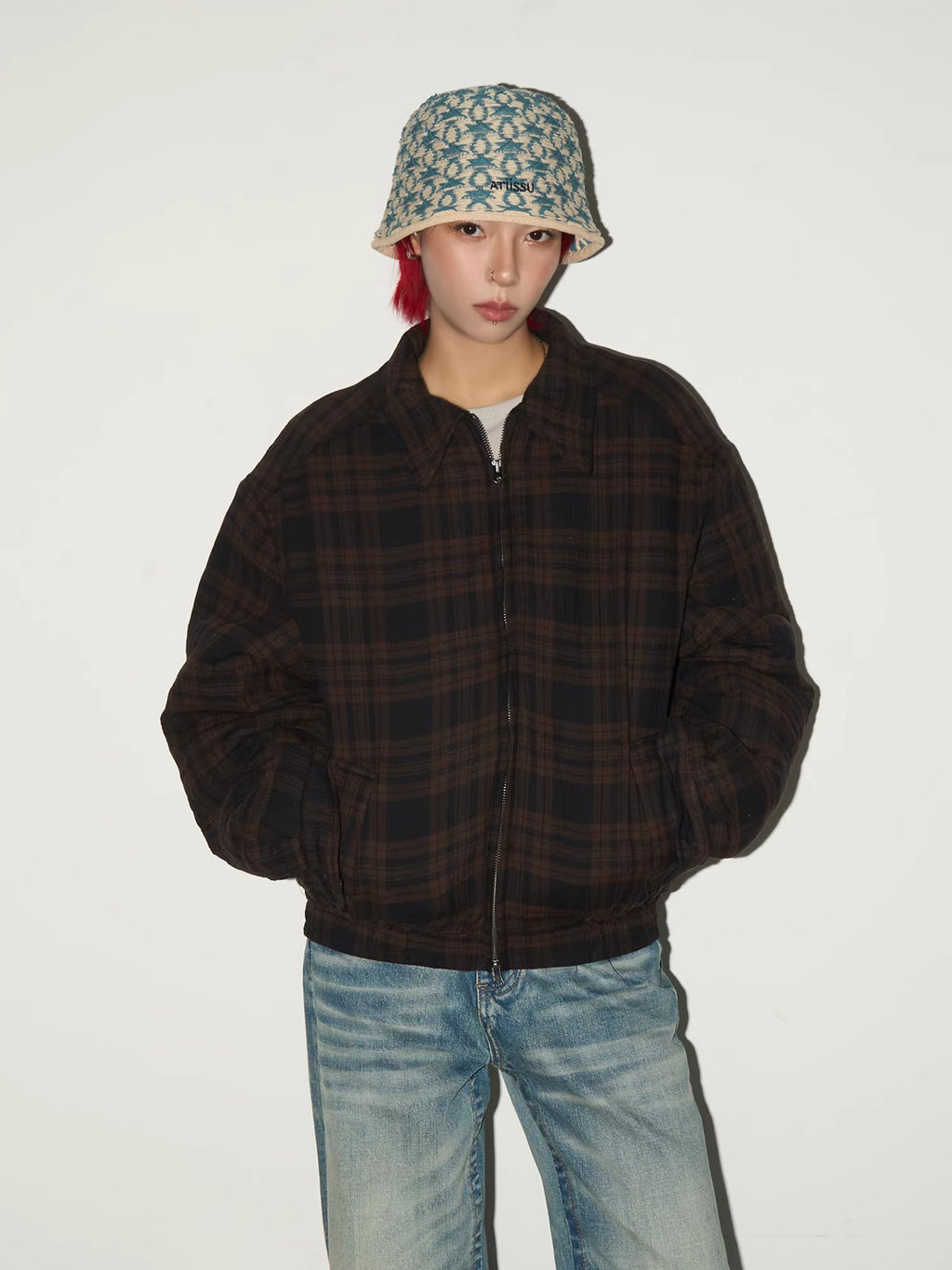 11KN Retro Plaid Contrasting Loose Lapel Jacket