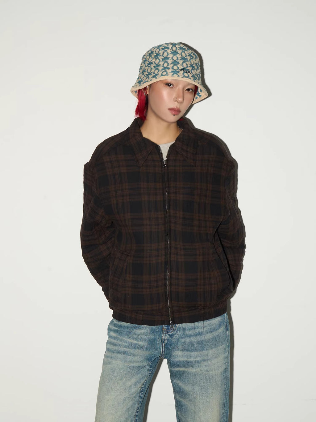 11KN Retro Plaid Contrasting Loose Lapel Jacket