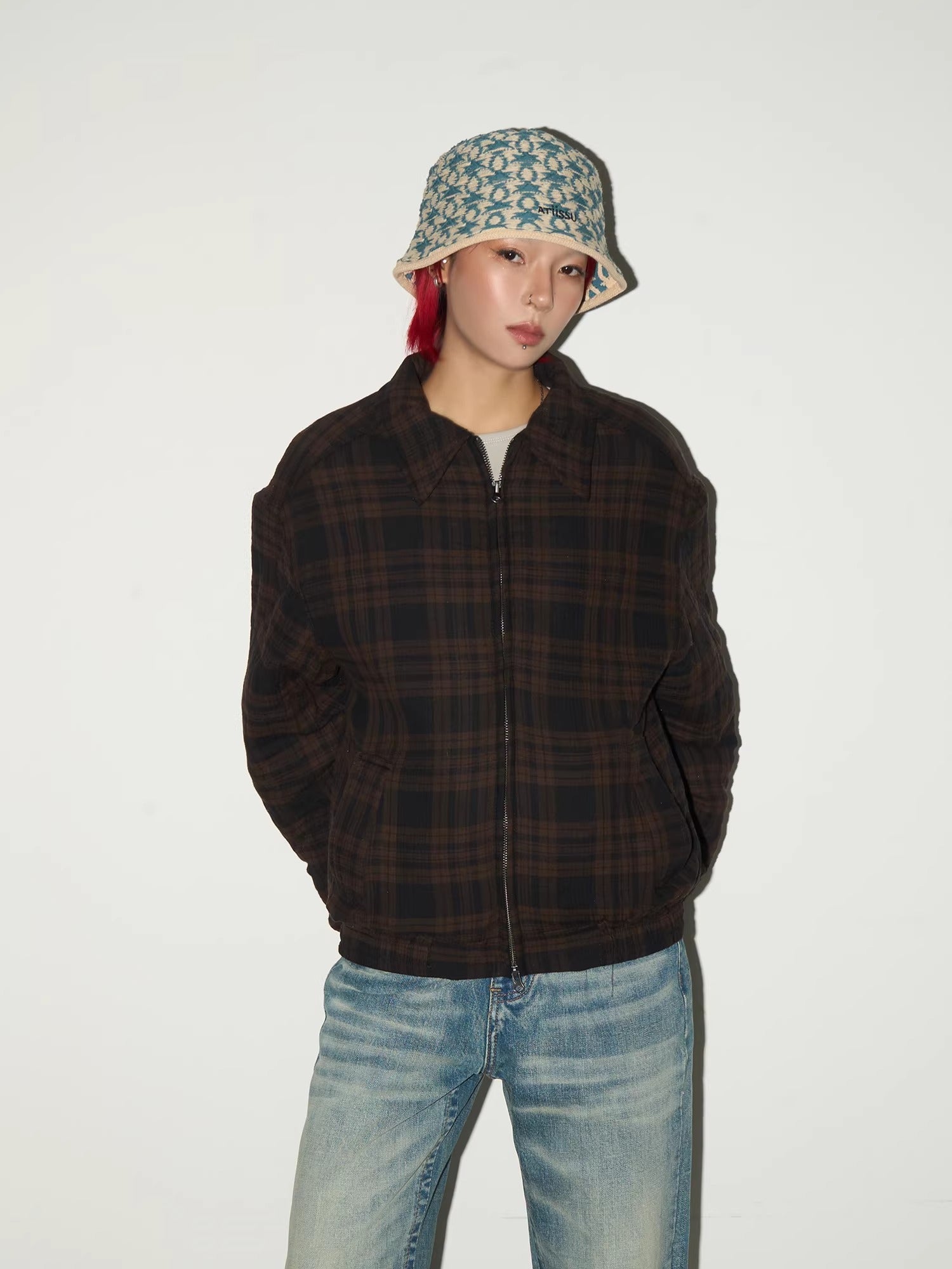 11KN Retro Plaid Contrasting Loose Lapel Jacket