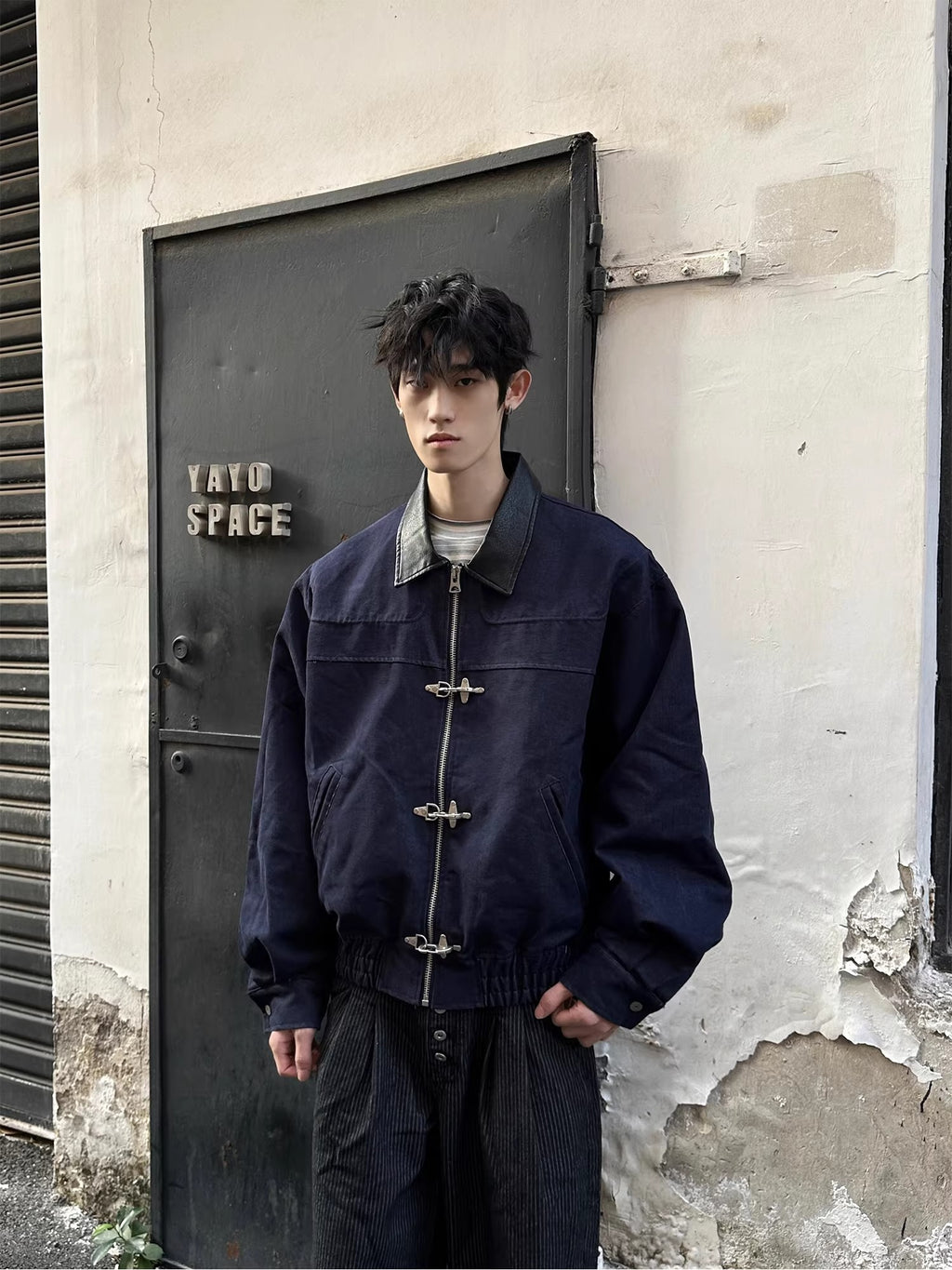 11KN Retro Spliced PU Leather Lapel Jacket