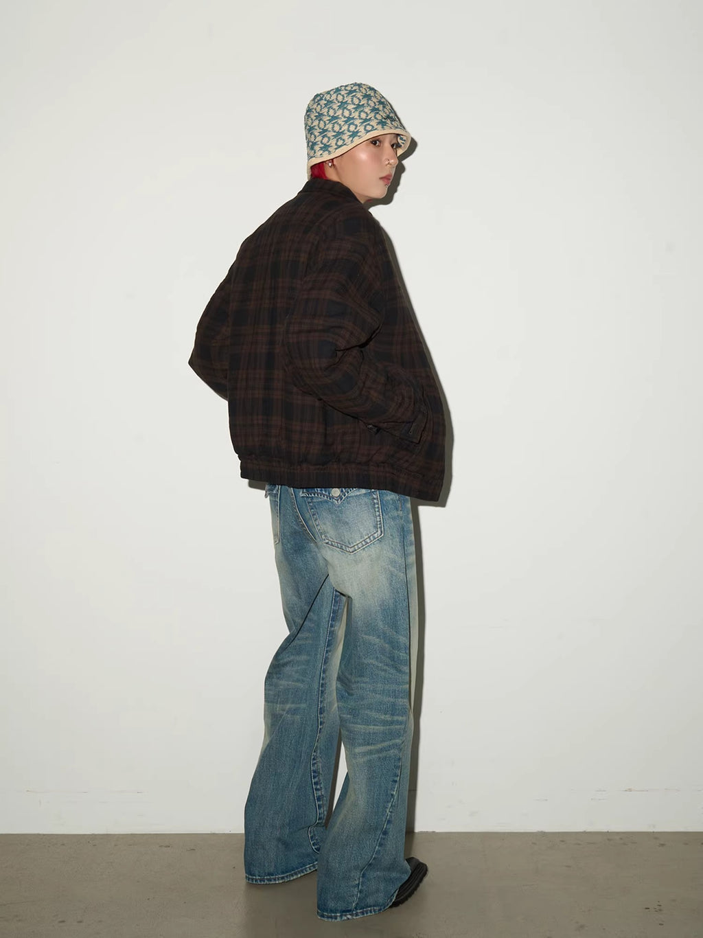 11KN Retro Plaid Contrasting Loose Lapel Jacket