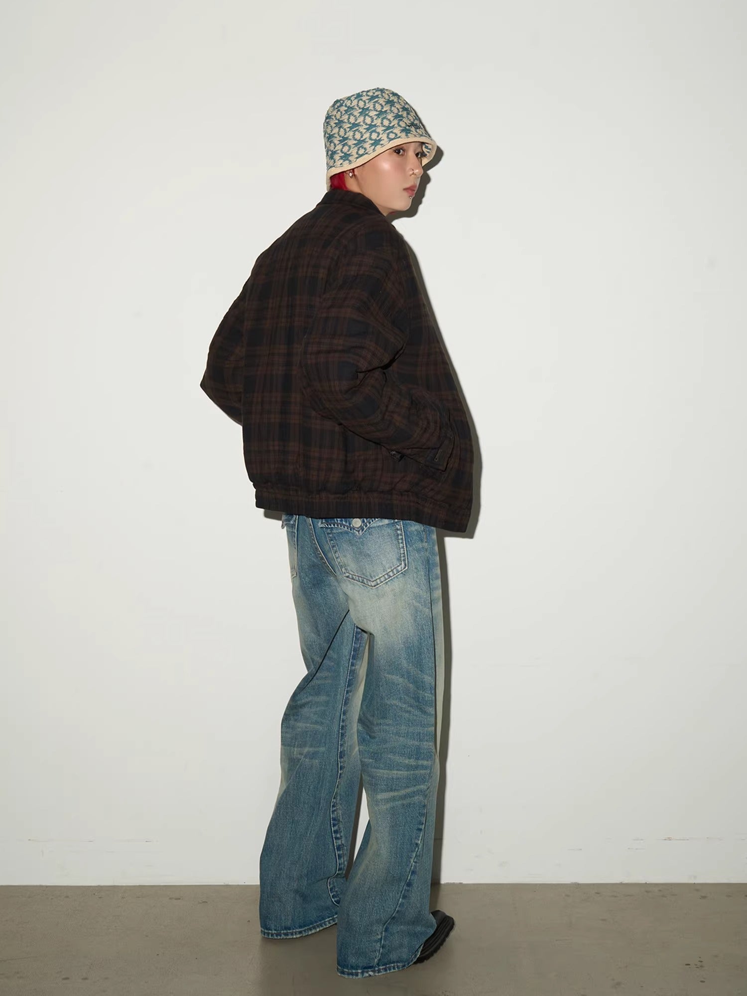 11KN Retro Plaid Contrasting Loose Lapel Jacket