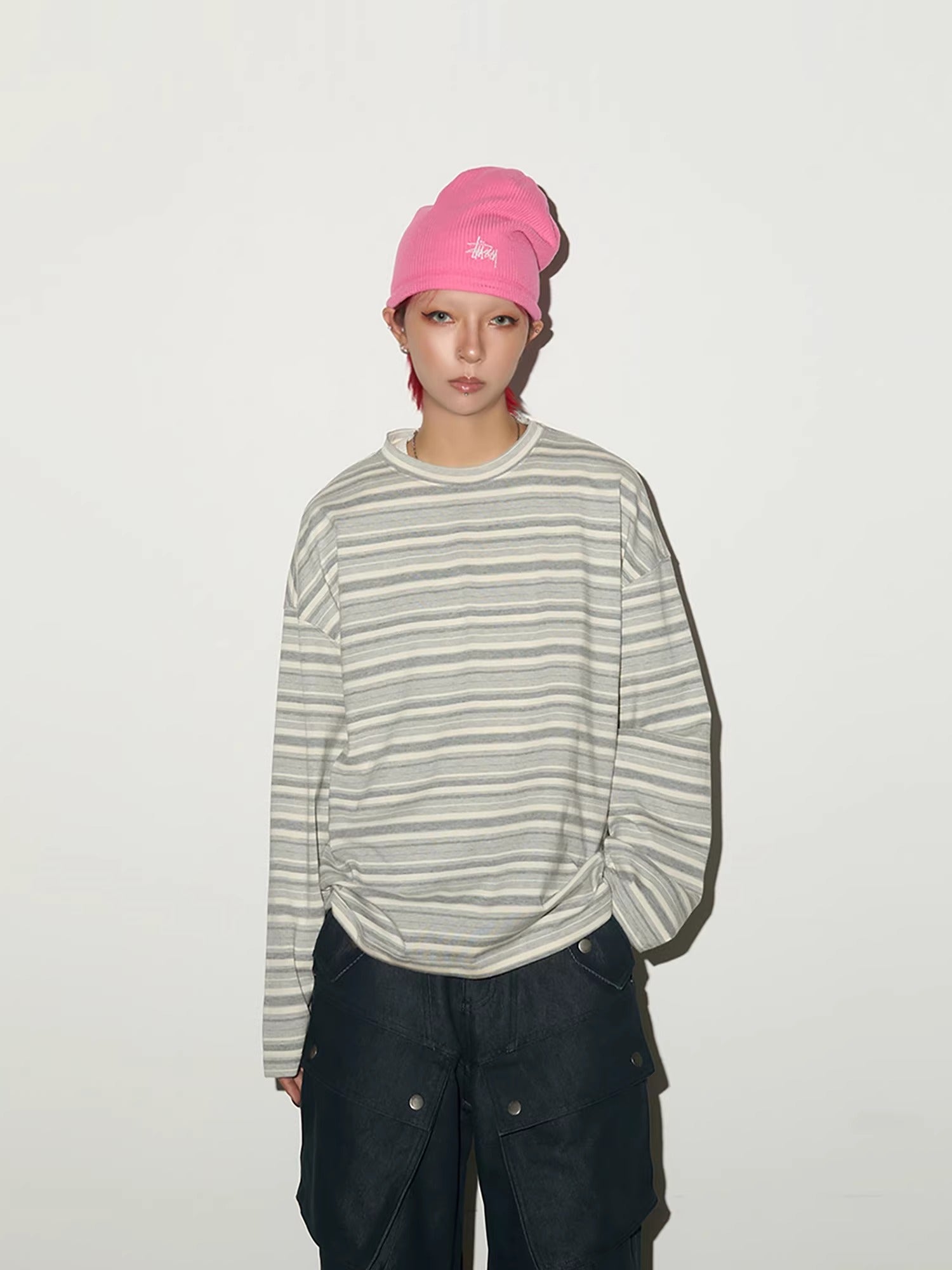 11KN Retro Striped Contrasting Color Casual Crew Neck Long Sleeve