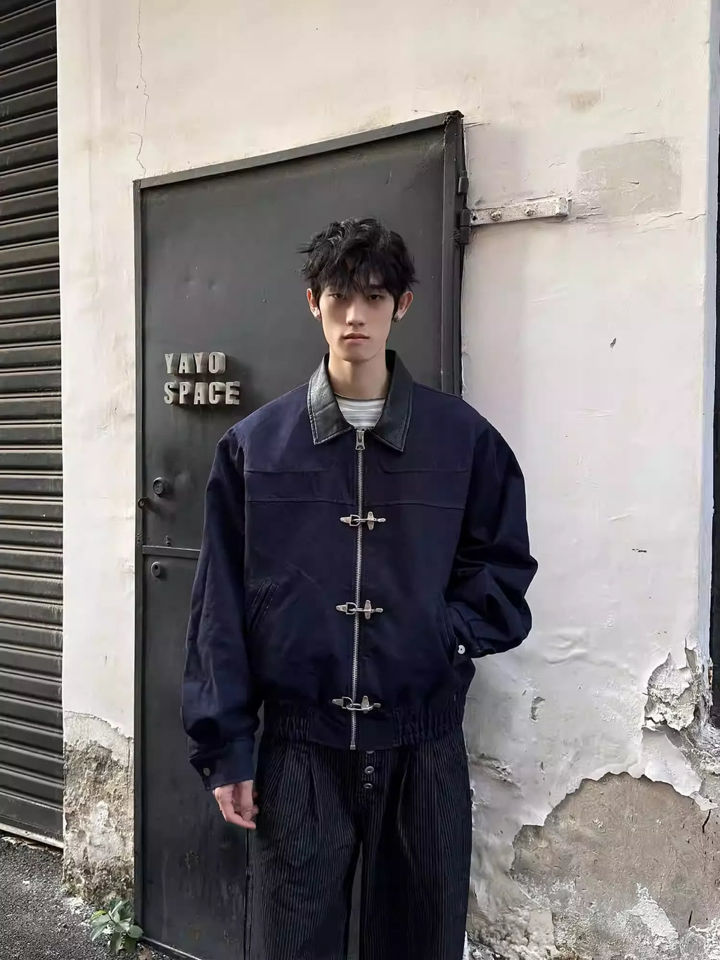 11KN Retro Spliced PU Leather Lapel Jacket