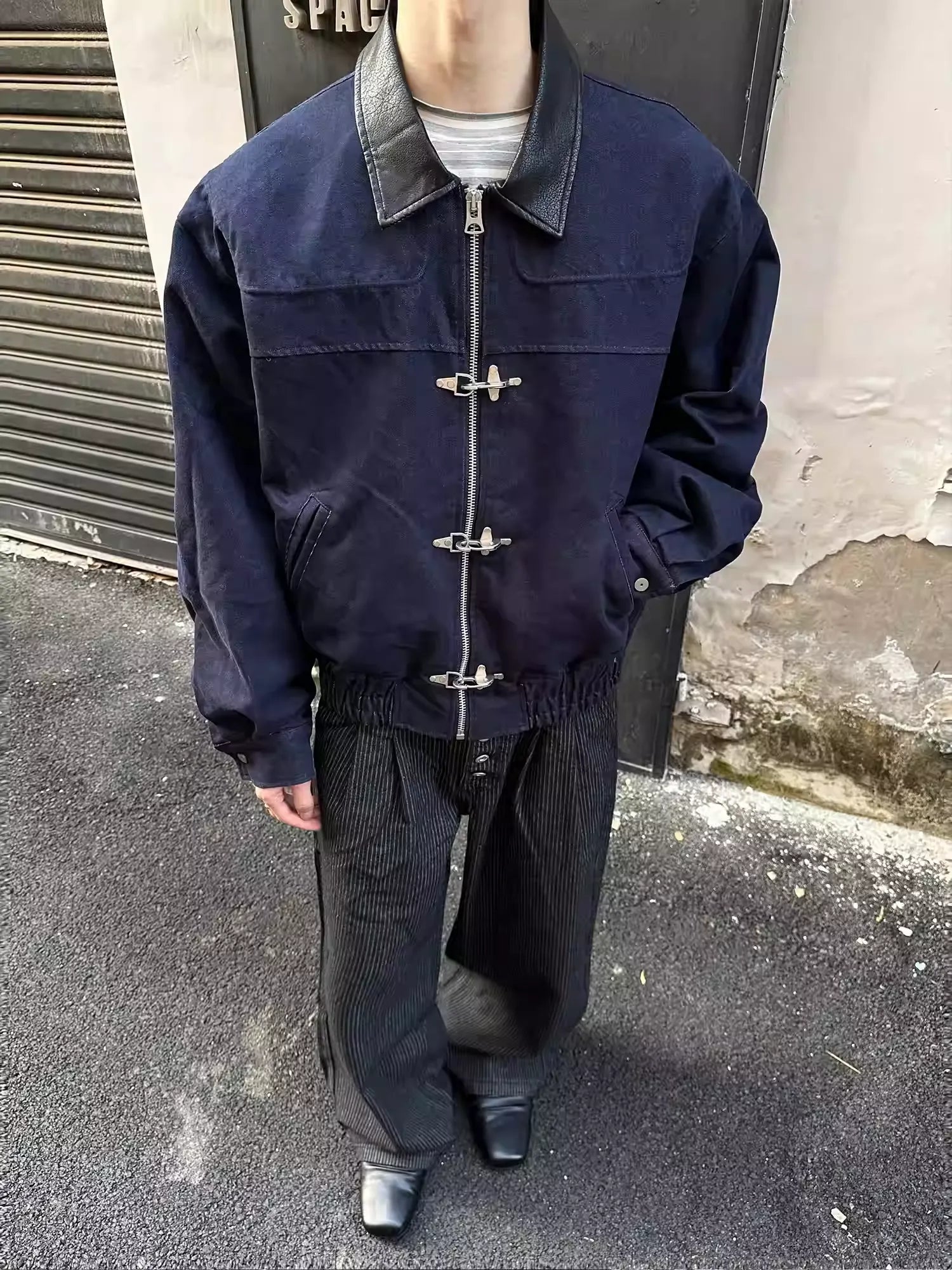 11KN Retro Spliced PU Leather Lapel Jacket