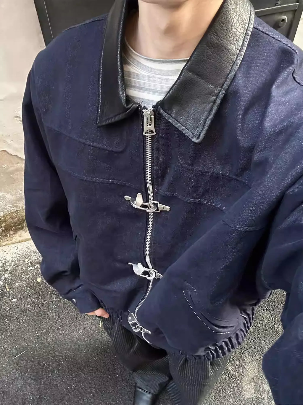 11KN Retro Spliced PU Leather Lapel Jacket