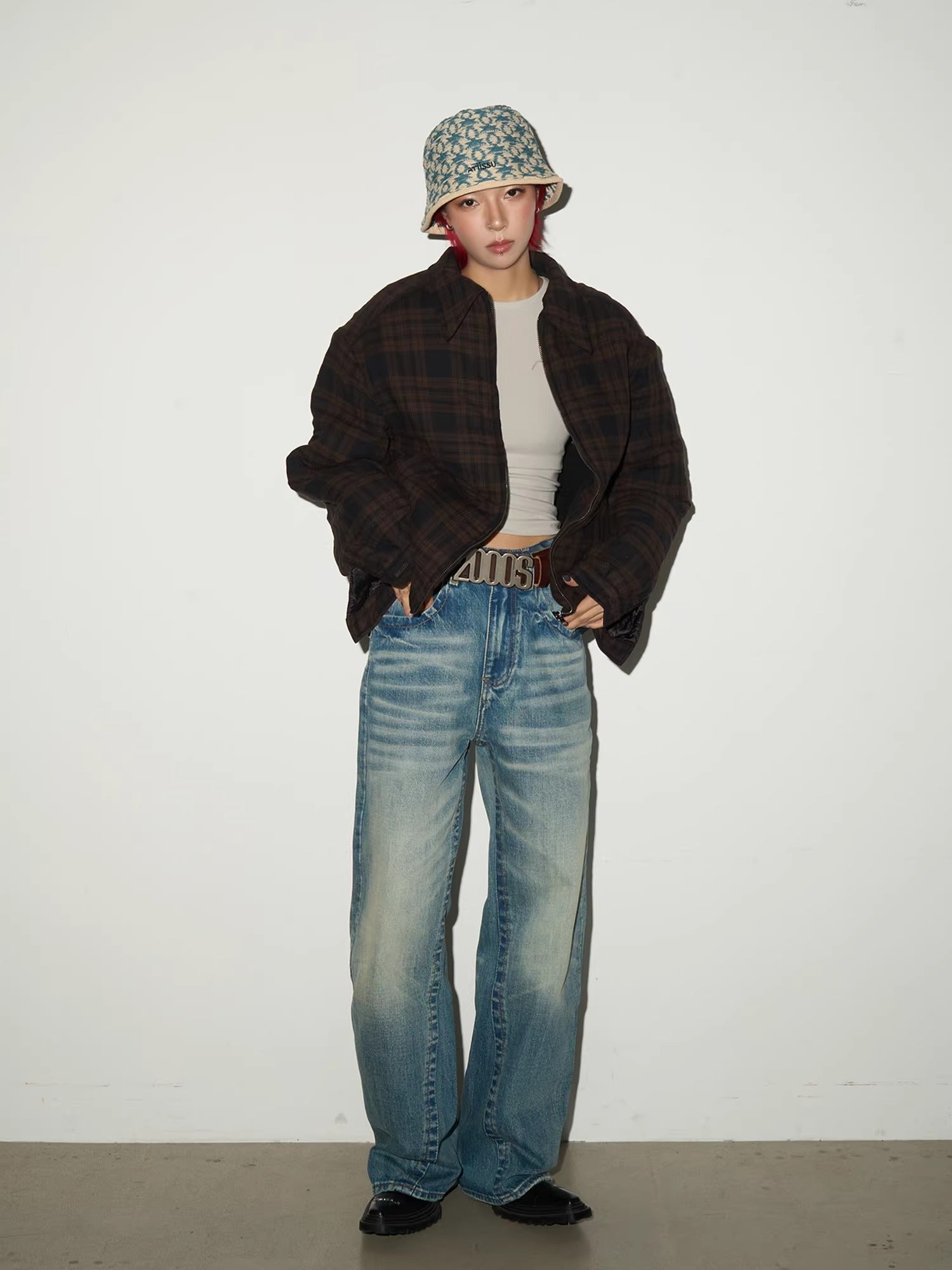 11KN Retro Plaid Contrasting Loose Lapel Jacket